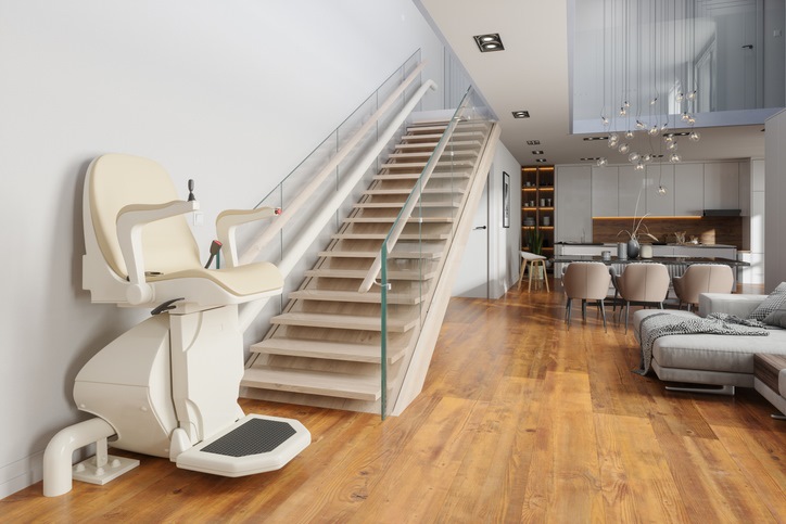 A stair lift installed in a modern home for elderly mobility in Houston, TX